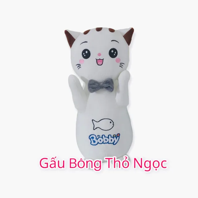 Mèo bông thân dài đeo nơ màu trắng