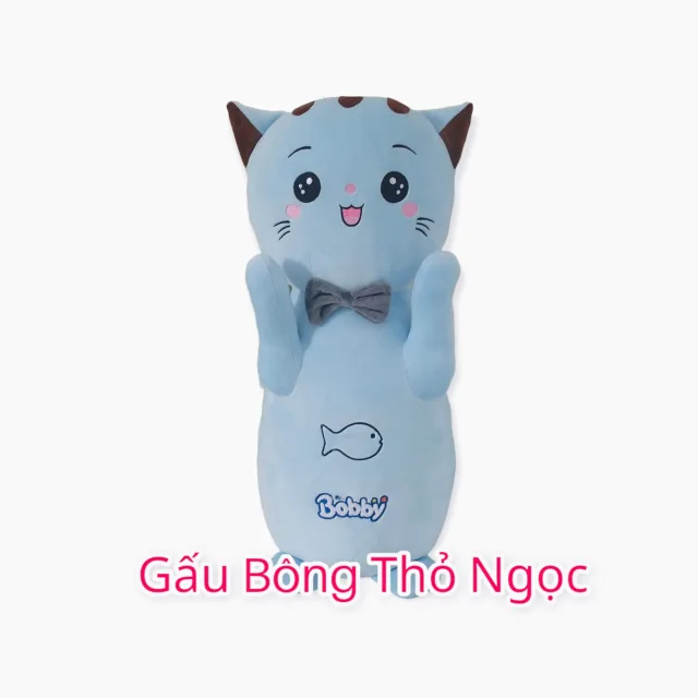 Mèo bông thân dài đeo nơ màu xanh